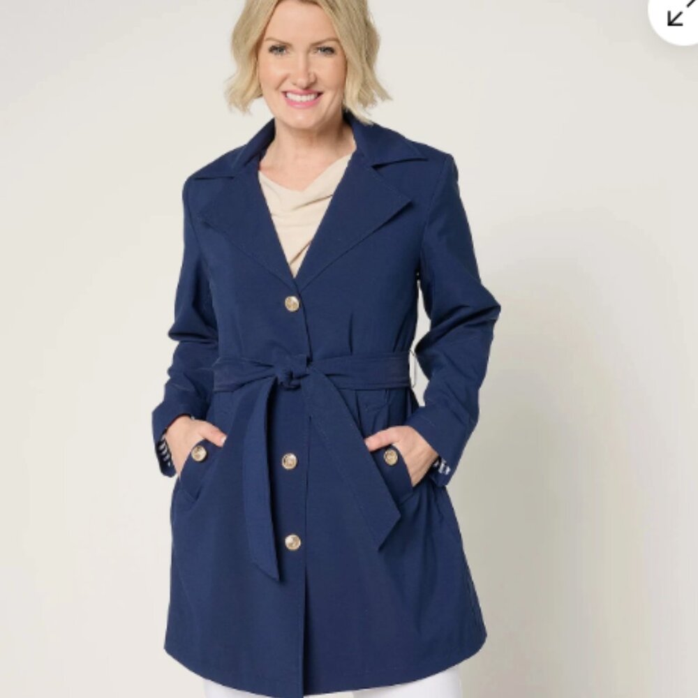 Dennis Basso Regular Water Resistant Trench Coat with Hood-Navy-Large-A679223